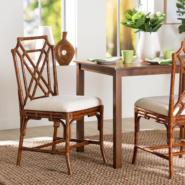 Baxton Studio Bali Esmery Marbled Tortoise Rattan Dining Chair – Handwoven Crisscross Back, Plush Upholstered Seat, Coastal Boho Appeal WS193-Tortoise Cushion-Rattan-DC