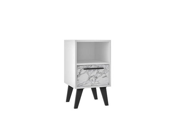 Manhattan Comfort Amsterdam Mid-Century Modern Nightstand White Marble 146AMC208