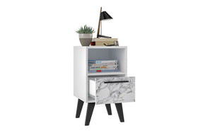 Manhattan Comfort Amsterdam Mid-Century Modern Nightstand White Marble 146AMC208
