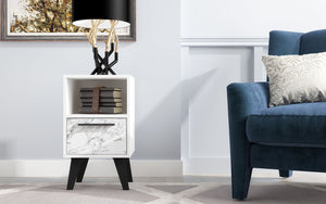 Manhattan Comfort Amsterdam Mid-Century Modern Nightstand White Marble 146AMC208