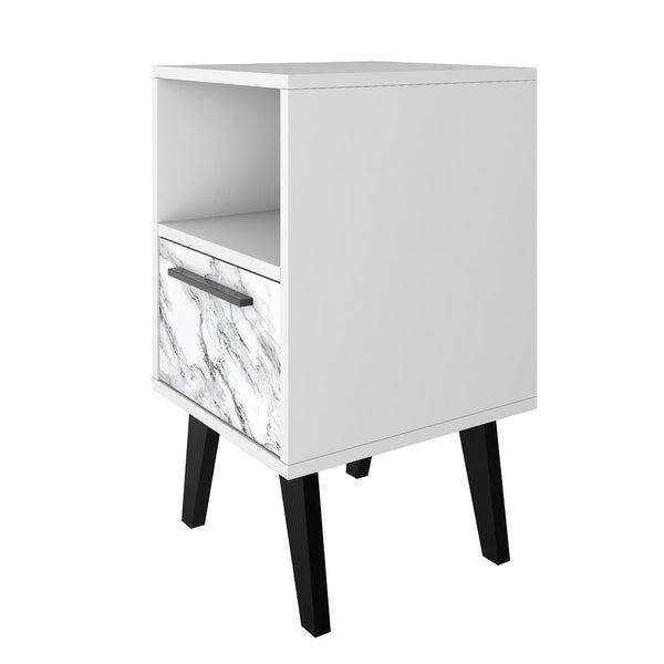 Manhattan Comfort Amsterdam Mid-Century Modern Nightstand White Marble 146AMC208