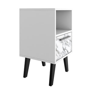 Manhattan Comfort Amsterdam Mid-Century Modern Nightstand White Marble 146AMC208
