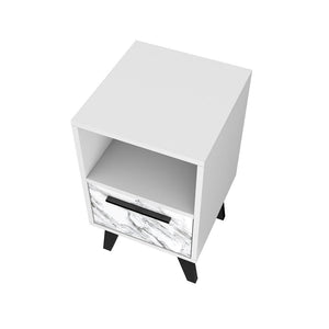 Manhattan Comfort Amsterdam Mid-Century Modern Nightstand White Marble 146AMC208