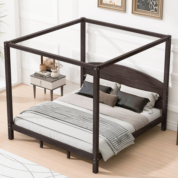 English Elm King Canopy Platform Bed with Headboard and Support Legs — Modern Pine Wood Frame, Sturdy 650lb Capacity Brown WF309291AAD