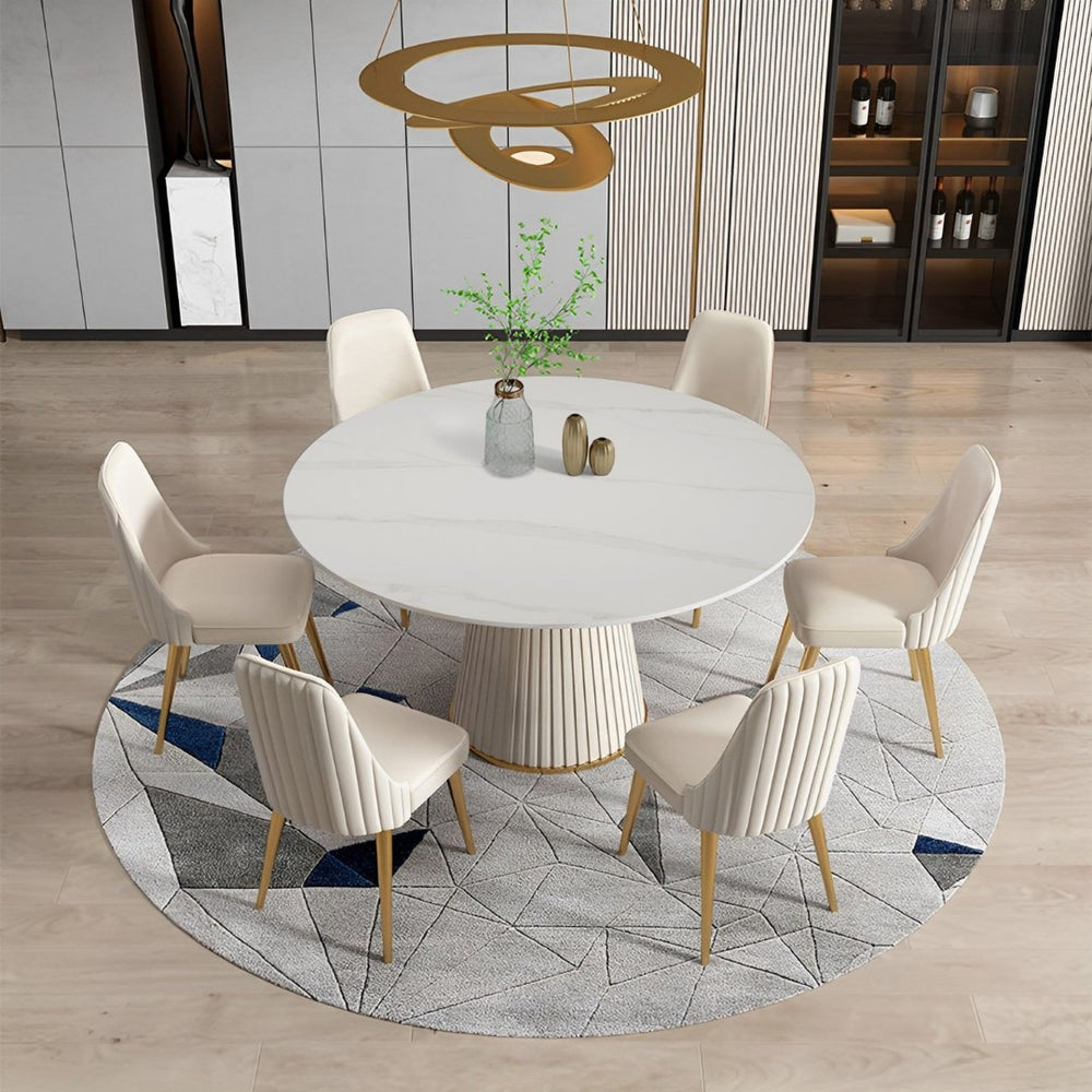 English Elm 53 Inch Round Sintered Stone Dining Table Set Six Chairs Stainless Pedestal Base W509S00174