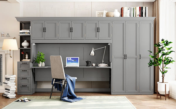 English Elm Twin Murphy Wall Bed with Integrated Desk Wardrobe and Storage Cabinet in White LP000767AAE