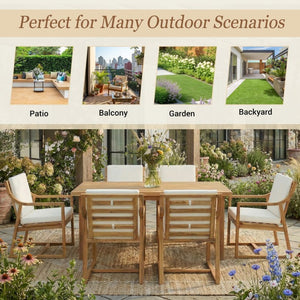 English Elm Outdoor Acacia Wood Dining Set Seats Six with Cushioned Armrest Chairs for Patio Teak+ Beige N719Z000231L