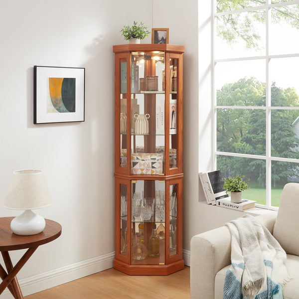 English Elm Lighted Corner Curio Cabinet - Elegant Dark Oak Display Case For Collectibles, Glassware & Decor W1758P300106