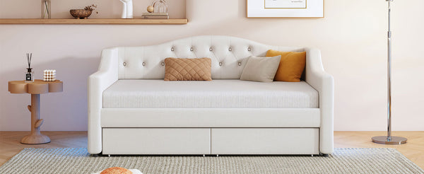 English Elm Upholstered Twin XL Daybed with LED Belt and Two Underbed Drawers, Linen Backrest, Modern Storage Elegance Beige DL002060AAA