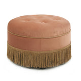 English Elm Yolanda 24" Round Upholstered Accent Ottoman, Peach Orange Velvet With Gold Trim