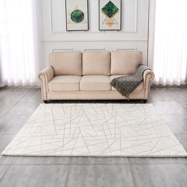 English Elm Luxury Faux Chinchilla Area Rug - Soft White With Gold-Gilded Geometric Design, Machine Washable Comfort B030P233687