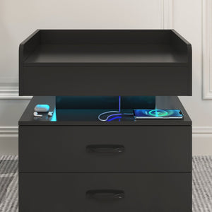 English Elm 1 Set Led Strip Nightstand with 2 Drawers Open Shelf Contemporary Bedside Storage Black W578P462506