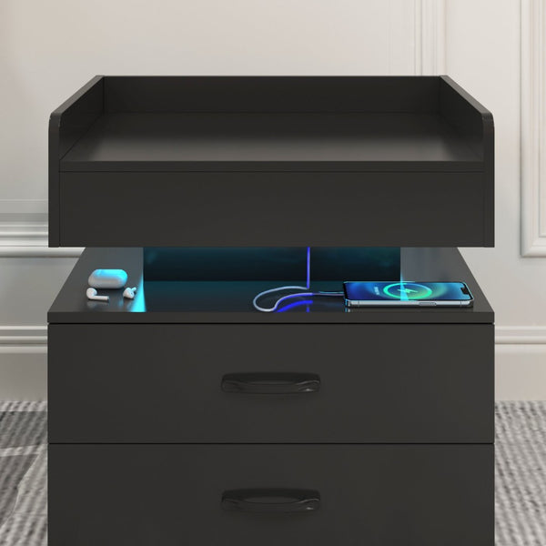 English Elm 1 Set Led Strip Nightstand with 2 Drawers Open Shelf Contemporary Bedside Storage Black W578P462506