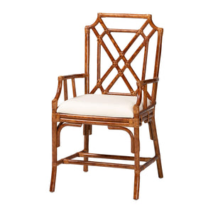 Baxton Studio Bali Esmery Marbled Tortoise Rattan Dining Chair — Handcrafted Wicker Armchair With Plush Seat 20.90" W x 21.20" D x 38.20" H WS194-Tortoise Cushion-Rattan-Arm-DC