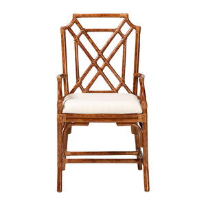 Baxton Studio Bali Esmery Marbled Tortoise Rattan Dining Chair — Handcrafted Wicker Armchair With Plush Seat 20.90" W x 21.20" D x 38.20" H WS194-Tortoise Cushion-Rattan-Arm-DC