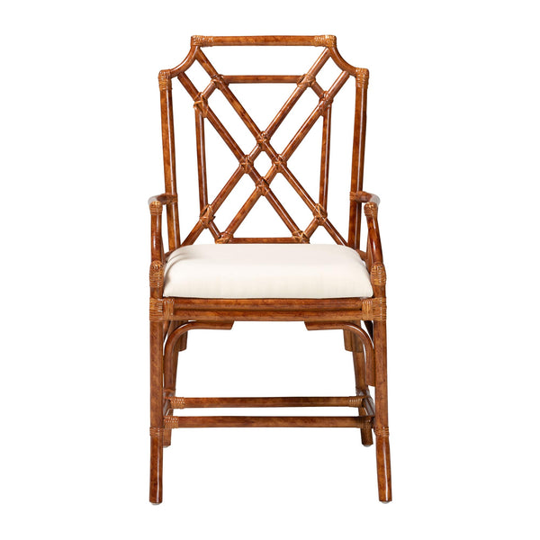Baxton Studio Bali Esmery Marbled Tortoise Rattan Dining Chair — Handcrafted Wicker Armchair With Plush Seat 20.90" W x 21.20" D x 38.20" H WS194-Tortoise Cushion-Rattan-Arm-DC