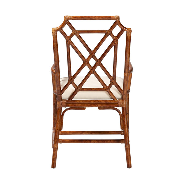 Baxton Studio Bali Esmery Marbled Tortoise Rattan Dining Chair — Handcrafted Wicker Armchair With Plush Seat 20.90" W x 21.20" D x 38.20" H WS194-Tortoise Cushion-Rattan-Arm-DC