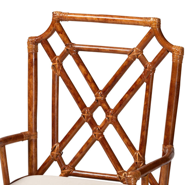 Baxton Studio Bali Esmery Marbled Tortoise Rattan Dining Chair — Handcrafted Wicker Armchair With Plush Seat 20.90" W x 21.20" D x 38.20" H WS194-Tortoise Cushion-Rattan-Arm-DC
