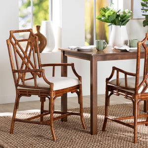 Baxton Studio Bali Esmery Marbled Tortoise Rattan Dining Chair — Handcrafted Wicker Armchair With Plush Seat 20.90" W x 21.20" D x 38.20" H WS194-Tortoise Cushion-Rattan-Arm-DC