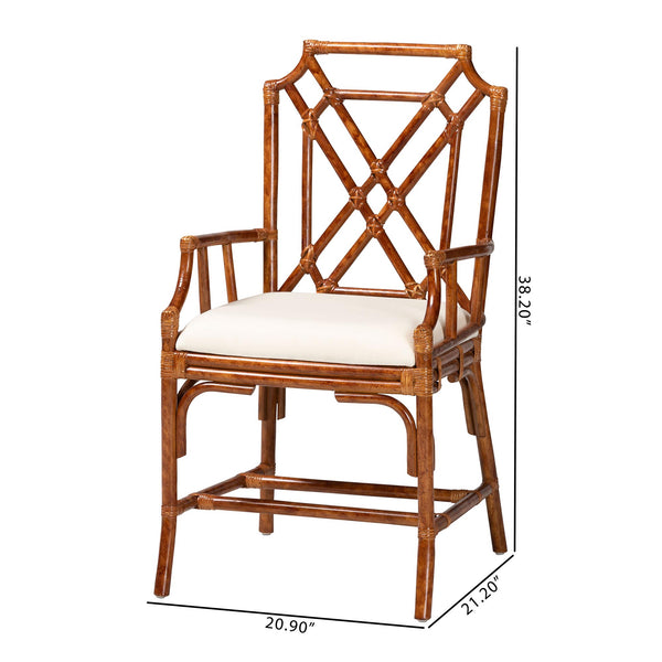 Baxton Studio Bali Esmery Marbled Tortoise Rattan Dining Chair — Handcrafted Wicker Armchair With Plush Seat 20.90" W x 21.20" D x 38.20" H WS194-Tortoise Cushion-Rattan-Arm-DC