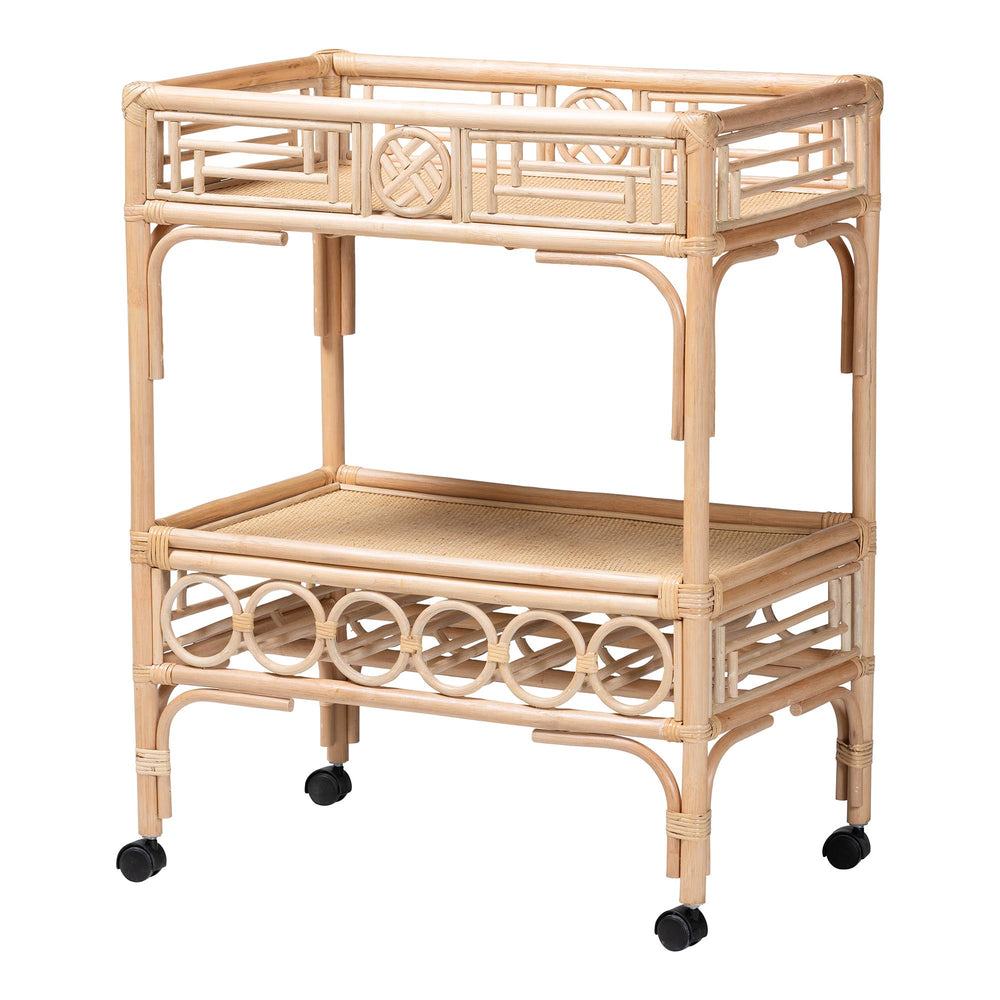 Baxton Studio Bali Molina Natural Rattan Wine Cart – Handwoven 2-Tier Beverage Trolley With Casters & Bottle Holders WS195-Natural-Rattan-Cart