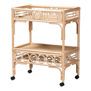 Baxton Studio Bali Molina Natural Rattan Wine Cart – Handwoven 2-Tier Beverage Trolley With Casters & Bottle Holders WS195-Natural-Rattan-Cart