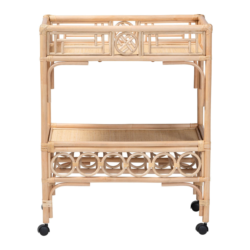 Baxton Studio Bali Molina Natural Rattan Wine Cart – Handwoven 2-Tier Beverage Trolley With Casters & Bottle Holders WS195-Natural-Rattan-Cart