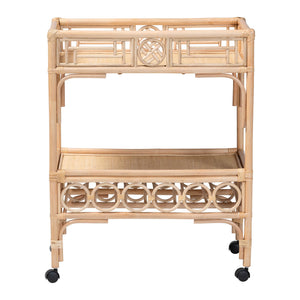 Baxton Studio Bali Molina Natural Rattan Wine Cart – Handwoven 2-Tier Beverage Trolley With Casters & Bottle Holders WS195-Natural-Rattan-Cart