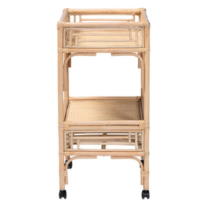 Baxton Studio Bali Molina Natural Rattan Wine Cart – Handwoven 2-Tier Beverage Trolley With Casters & Bottle Holders WS195-Natural-Rattan-Cart