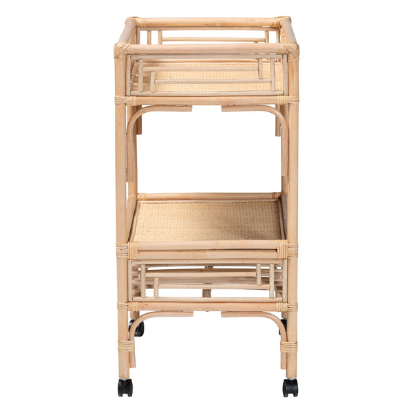 Baxton Studio Bali Molina Natural Rattan Wine Cart – Handwoven 2-Tier Beverage Trolley With Casters & Bottle Holders WS195-Natural-Rattan-Cart