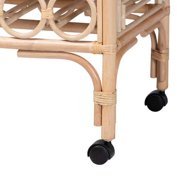 Baxton Studio Bali Molina Natural Rattan Wine Cart – Handwoven 2-Tier Beverage Trolley With Casters & Bottle Holders WS195-Natural-Rattan-Cart