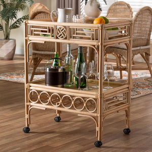 Baxton Studio Bali Molina Natural Rattan Wine Cart – Handwoven 2-Tier Beverage Trolley With Casters & Bottle Holders WS195-Natural-Rattan-Cart