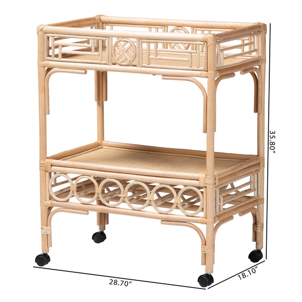 Baxton Studio Bali Molina Natural Rattan Wine Cart – Handwoven 2-Tier Beverage Trolley With Casters & Bottle Holders WS195-Natural-Rattan-Cart