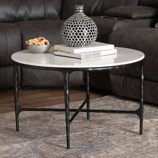 Baxton Studio Baxton Akanji Round Marble Coffee Table With Hand-Forged Hammered Steel Base, Rustic Modern Flair FUR6879-Marble Top Hammer Round-CT