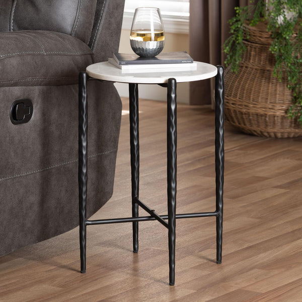 Baxton Studio Baxton Caledon Marble Side Table — Hand‑Forged Hammered Steel Frame, Compact Round Accent, Fully Assembled FUR6881-Marble Top Hammer Round-ET