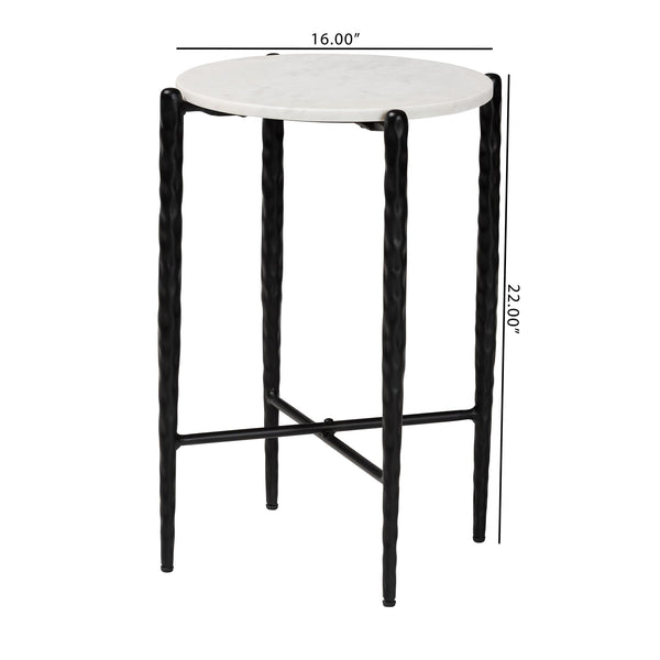 Baxton Studio Baxton Caledon Marble Side Table — Hand‑Forged Hammered Steel Frame, Compact Round Accent, Fully Assembled FUR6881-Marble Top Hammer Round-ET