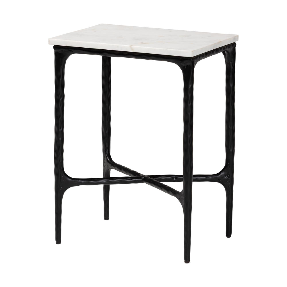 Baxton Studio Baxton Marble End Table With Hand-Forged Hammered Steel Frame, Solid Veined Top, Compact 16"W X 22"H FUR6882-Marble Top Hammer Rectangle-ET