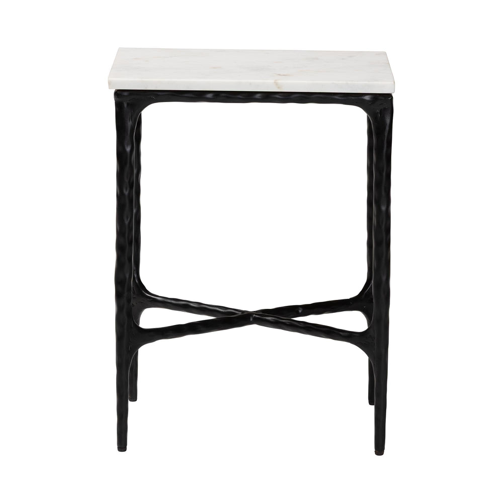 Baxton Studio Baxton Marble End Table With Hand-Forged Hammered Steel Frame, Solid Veined Top, Compact 16"W X 22"H FUR6882-Marble Top Hammer Rectangle-ET
