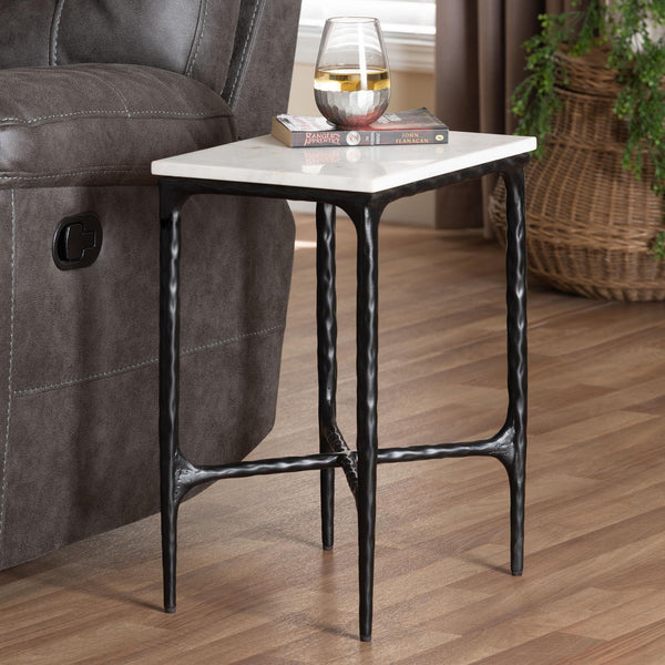 Baxton Studio Baxton Marble End Table With Hand-Forged Hammered Steel Frame, Solid Veined Top, Compact 16"W X 22"H FUR6882-Marble Top Hammer Rectangle-ET