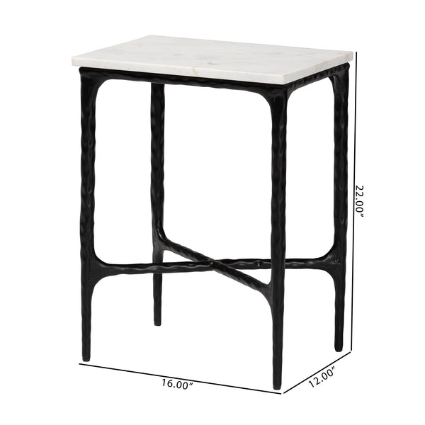 Baxton Studio Baxton Marble End Table With Hand-Forged Hammered Steel Frame, Solid Veined Top, Compact 16"W X 22"H FUR6882-Marble Top Hammer Rectangle-ET