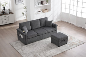English Elm UNITED Corduroy L-Shaped Sectional Sofa with Storage Ottoman, USB Ports, Cup Holders & LED Lighting Dark Gray W1568P332407