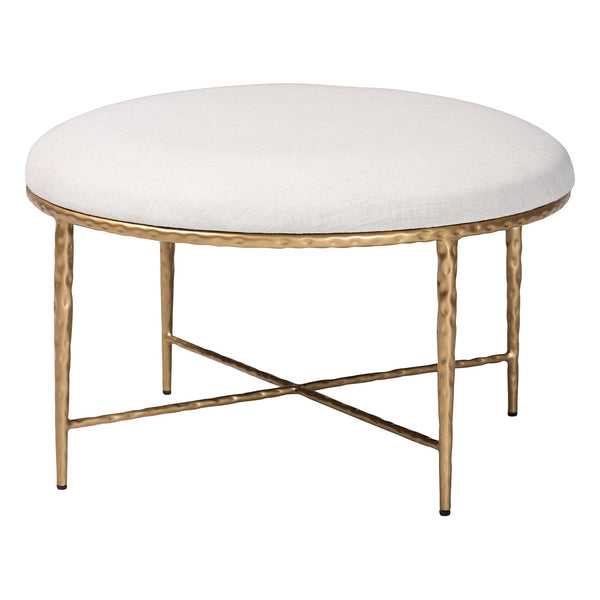 Baxton Studio Baxton Fumiye Round Cocktail Ottoman — Hand-Forged Gold Steel Base, Plush Cotton Seat, 30" Diameter FUR6884-Upholstered Hammer Base-Ottoman