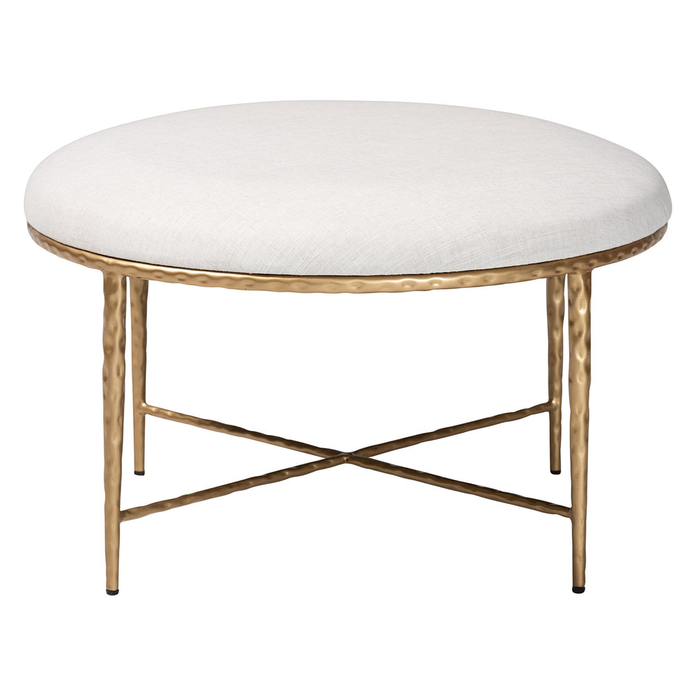 Baxton Studio Baxton Fumiye Round Cocktail Ottoman — Hand-Forged Gold Steel Base, Plush Cotton Seat, 30" Diameter FUR6884-Upholstered Hammer Base-Ottoman
