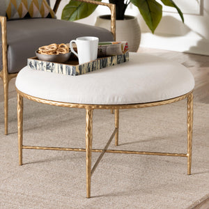 Baxton Studio Baxton Fumiye Round Cocktail Ottoman — Hand-Forged Gold Steel Base, Plush Cotton Seat, 30" Diameter FUR6884-Upholstered Hammer Base-Ottoman
