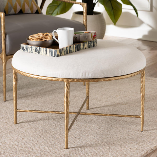 Baxton Studio Baxton Fumiye Round Cocktail Ottoman — Hand-Forged Gold Steel Base, Plush Cotton Seat, 30" Diameter FUR6884-Upholstered Hammer Base-Ottoman