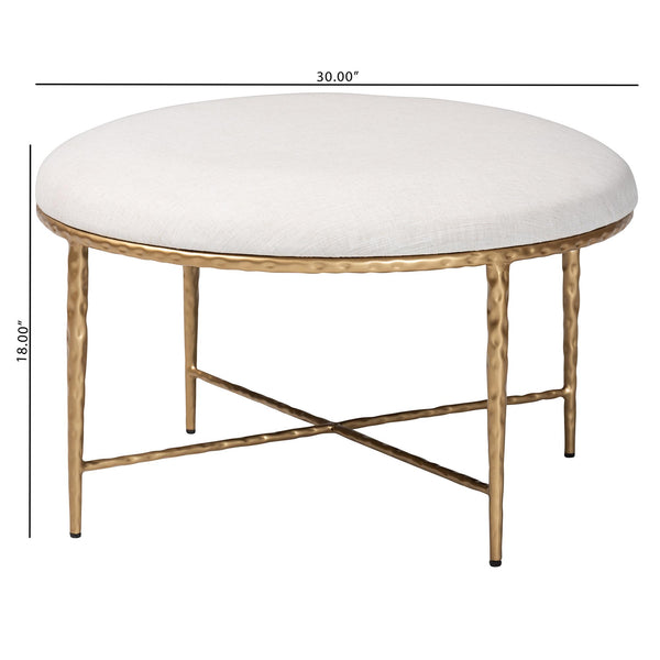 Baxton Studio Baxton Fumiye Round Cocktail Ottoman — Hand-Forged Gold Steel Base, Plush Cotton Seat, 30" Diameter FUR6884-Upholstered Hammer Base-Ottoman