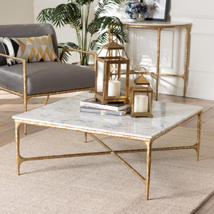 Baxton Studio Baxton Akanji Marble Coffee Table — Hand-Forged Hammered Steel Frame, Square Rustic Modern Accent FUR6885-Natural Marble Top Square-CT