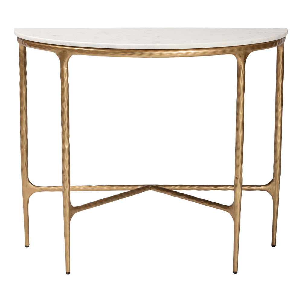 Baxton Studio Baxton Akanji Half-Moon Marble Console Table With Hand-Forged Hammered Steel Frame, 36"W FUR6886-Natural Marble Top D-Console Table