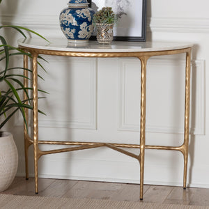 Baxton Studio Baxton Akanji Half-Moon Marble Console Table With Hand-Forged Hammered Steel Frame, 36"W FUR6886-Natural Marble Top D-Console Table