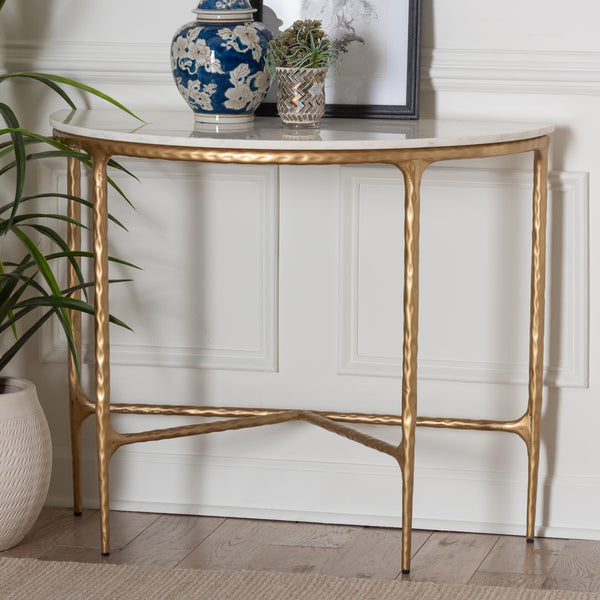 Baxton Studio Baxton Akanji Half-Moon Marble Console Table With Hand-Forged Hammered Steel Frame, 36"W FUR6886-Natural Marble Top D-Console Table